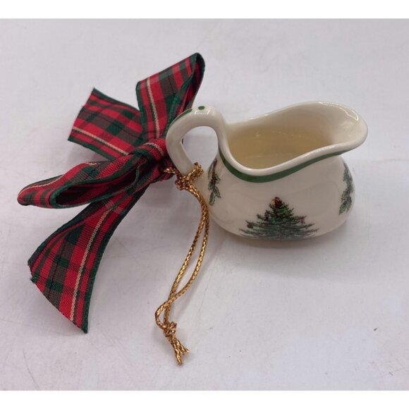 Spode Miniature Christmas Tree Pitcher Ornament W/ Plaid Bow & Gold Hanging Stri - Picture 1 of 11